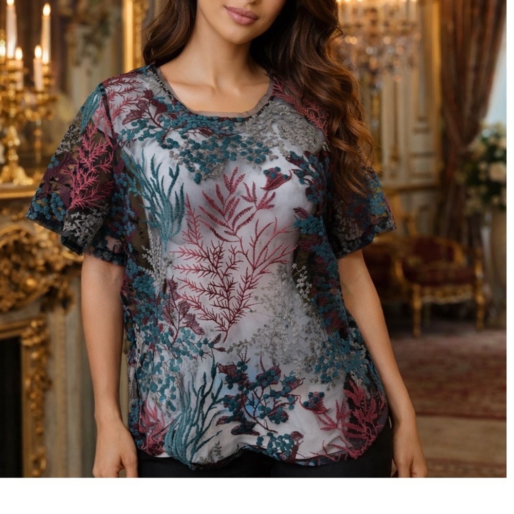 Zara Woman Sheer Mesh Floral Embroidered Short Sleeve Top Black Teal Burgundy Sm